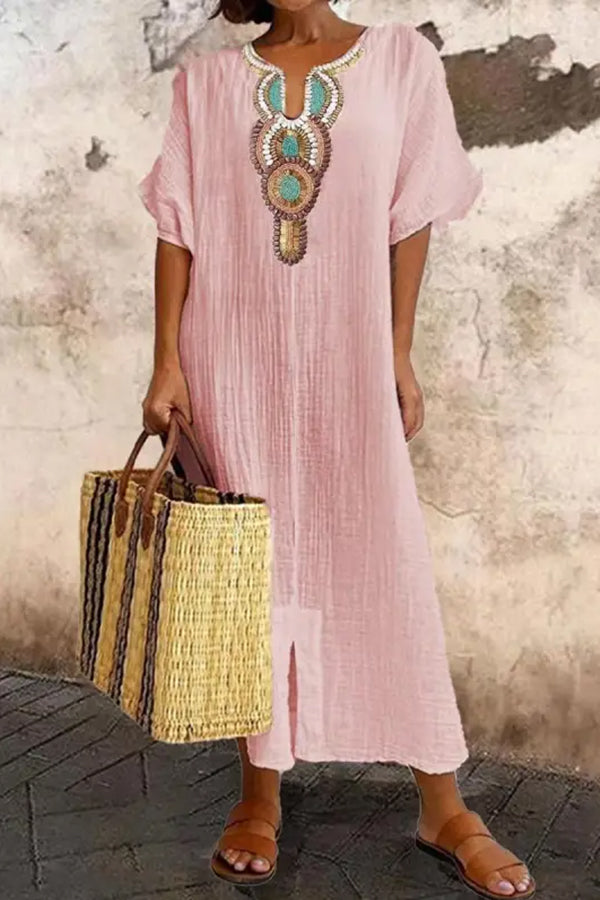 V-neck Loose Retro Print Short-sleeved Maxi Dress