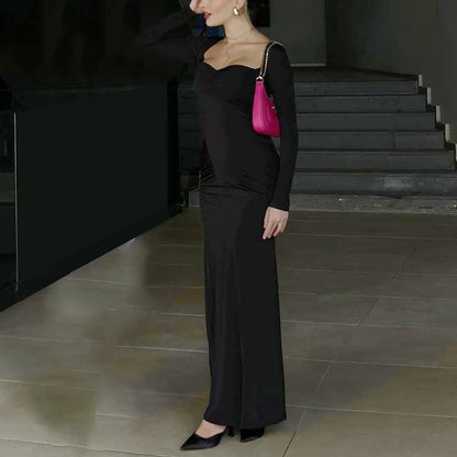 Long Sleeve Party Dresses High Waist Slim Fit ’s Evening Dress Color Pleated Long Dresses