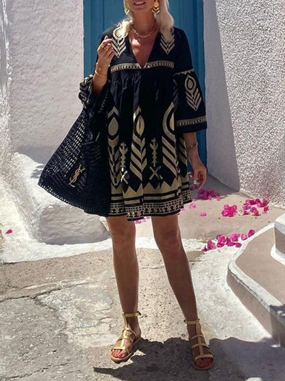 Flared Sleeves Loose Embroidered Split-joint Deep V-neck Mini Dresses