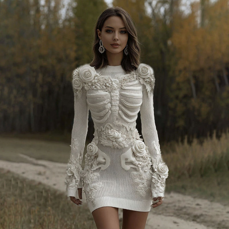 Comstylish Women's Vintage Halloween Skeleton Bones With Rose Art Cozy Sweater Dress