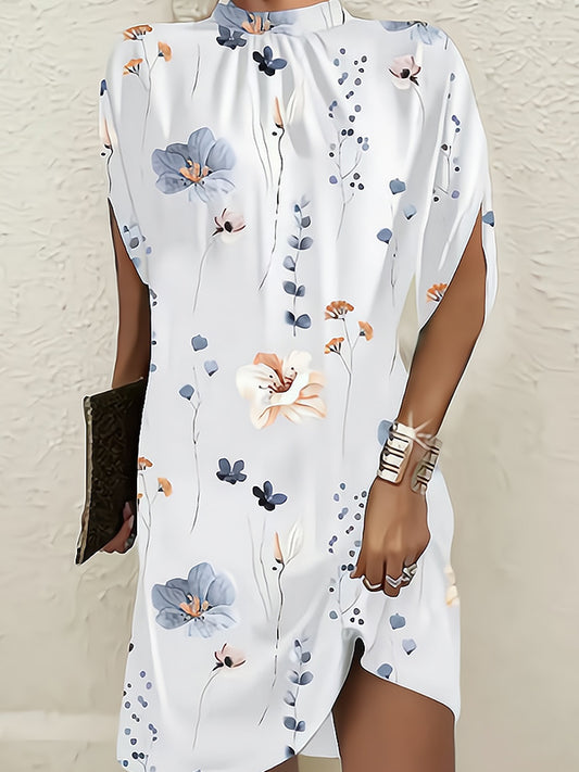 Batwing Sleeves Loose Flower Print Round-neck Mini Dresses