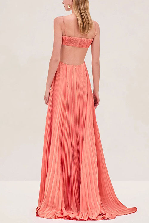 Spaghetti Strap Back Cut Out Pleated Maxi Dress