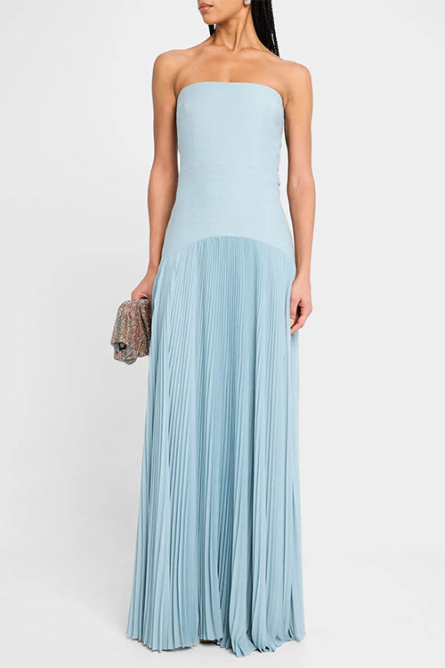 Strapless Tube Patchwork Pleated Maxi Dress