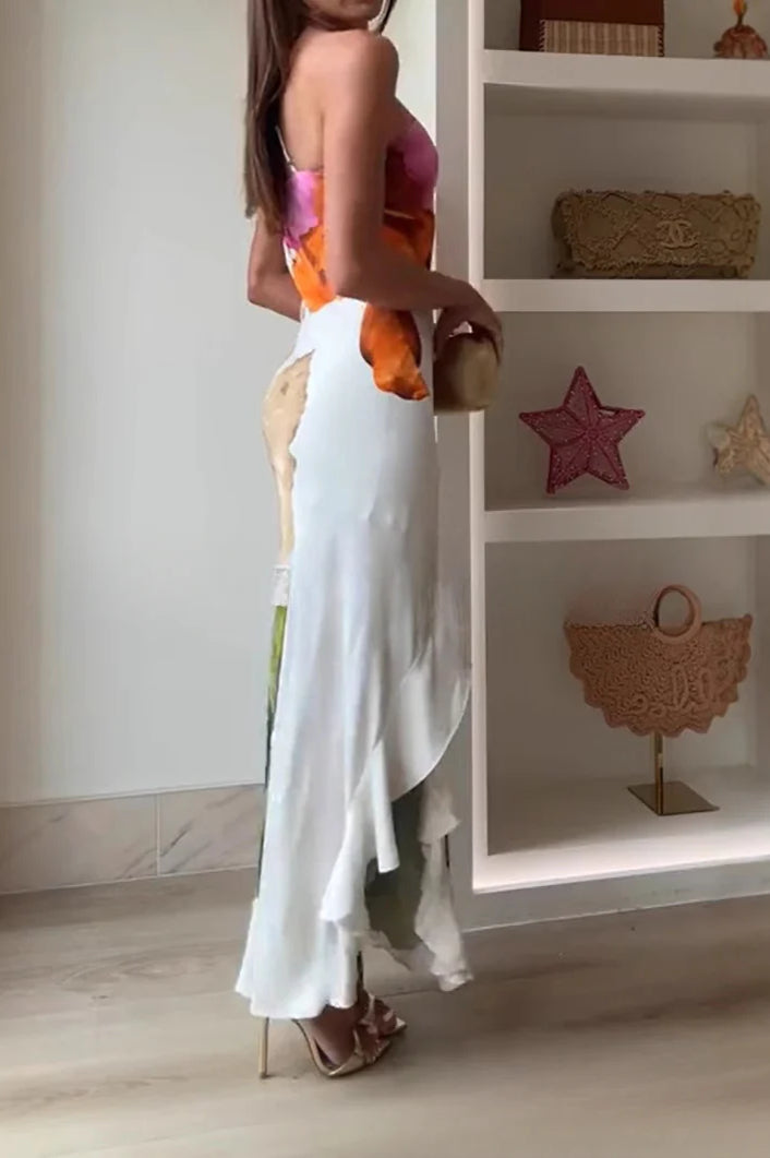 Ruffled One-shoulder Flowing Suspender Maxi Dress