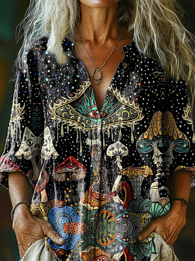 Women's Hippie Mushroom Art Print Casual Cotton And Linen Shirt