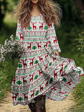 Women's Christmas Geometric Elk Floral Pattern Cotton and Linen Dresse