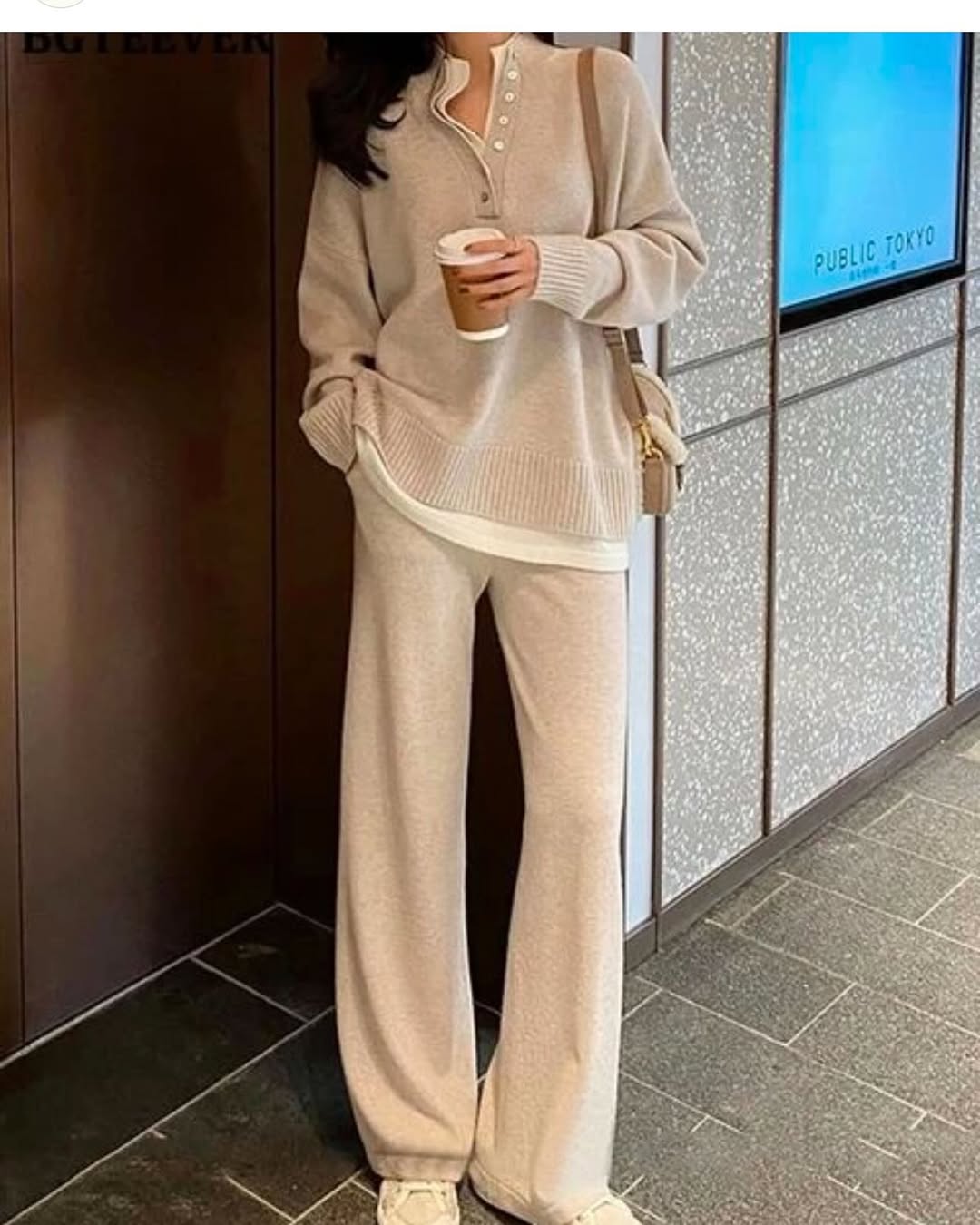 Khaki - Fashionable Loose Tweed-style Two Piece Set