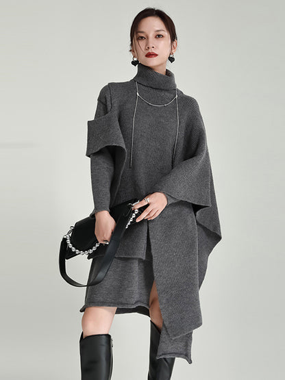 Long Sleeves Loose Color High-neck Shawl&sweater Dresses Two Pieces Set