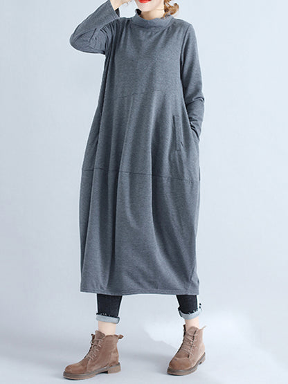 Loose Color Hooded Midi Dresses