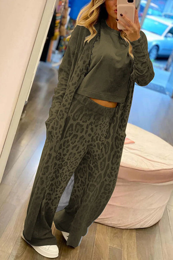 Comfort First Leopard Print Pocket Long Sleeve Cardigan Elastic Waist Pants Set