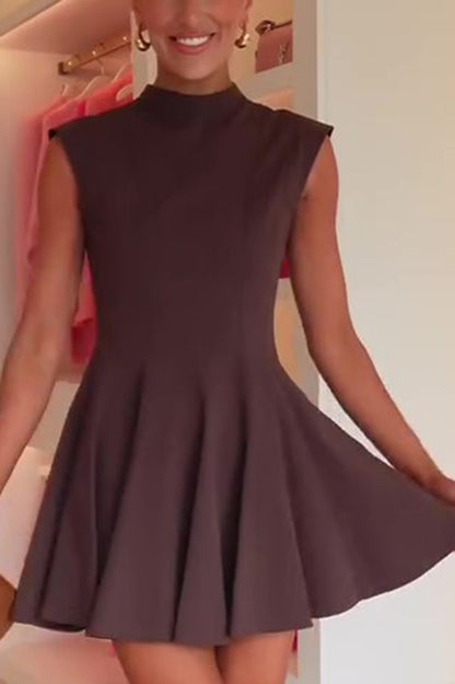 Color Round Neck Sleeveless Waist Mini Dress