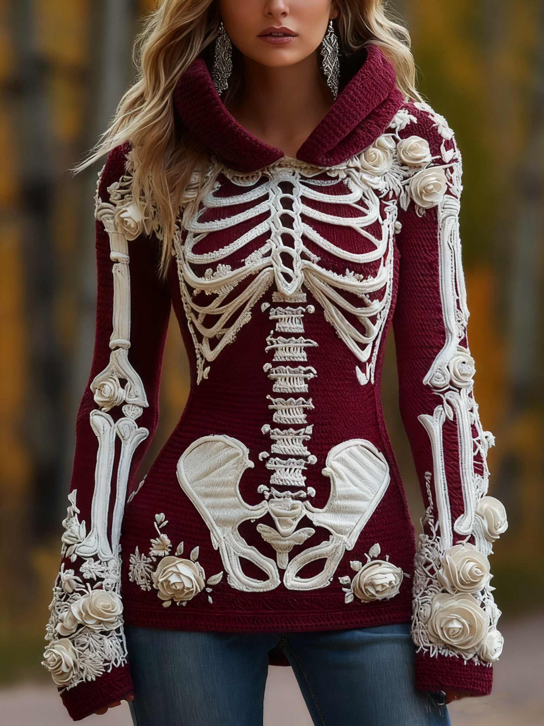 Women's Halloween Skeleton Bones With Roses Art Knitted Warm Hooded Sweater artswardrobe