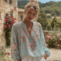 Women's Vintage Floral Embroidery Linen Blend V-neck Shirt elevenforest