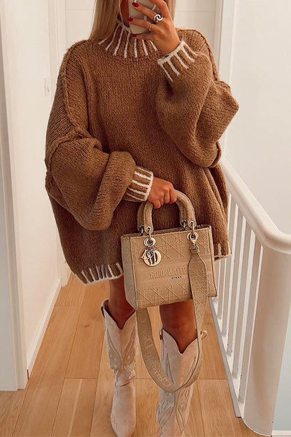 Turtleneck Drop Shoulder Color Block Pullover Sweater