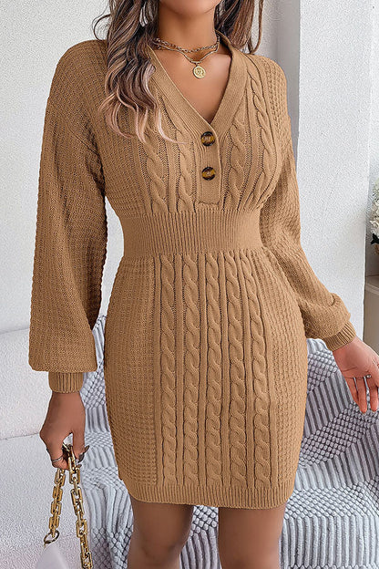 Buttoned V-neck Twist Lantern Sleeves Hip-hugging Sweater Dress