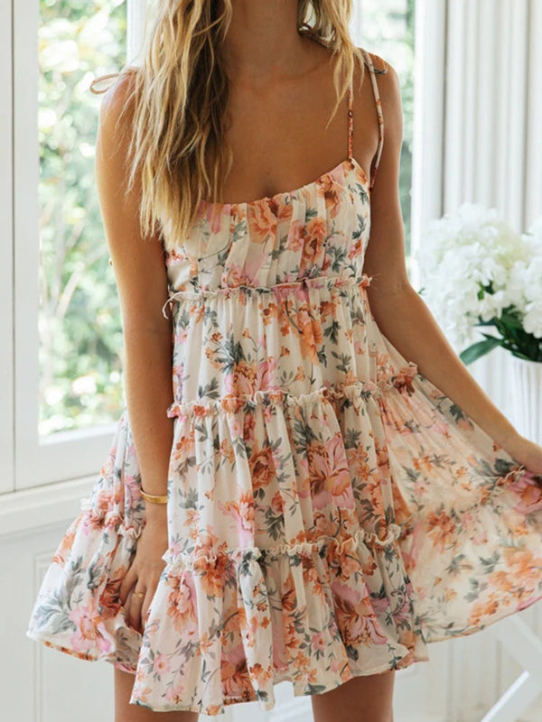 A-line Loose Flower Print Layered Pleated Split-joint Tied Spaghetti-neck Mini Dresses