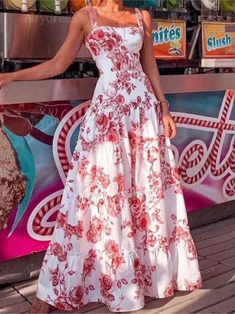 Long Dresses for Flower Printed Spaghetti Strap High Waist Large Skirt Hem Maxi Dress Summer Beach Party