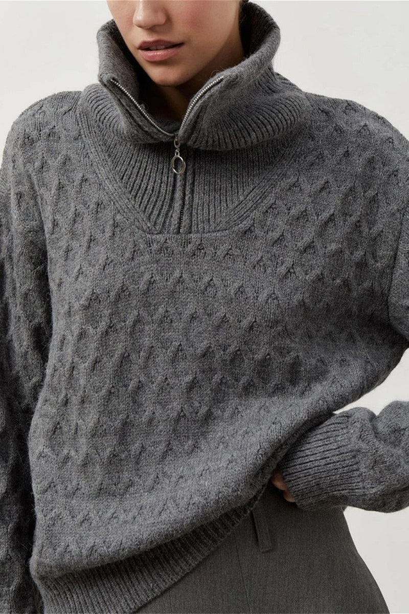 Chunky Knit High Neck Zip Up Sweater