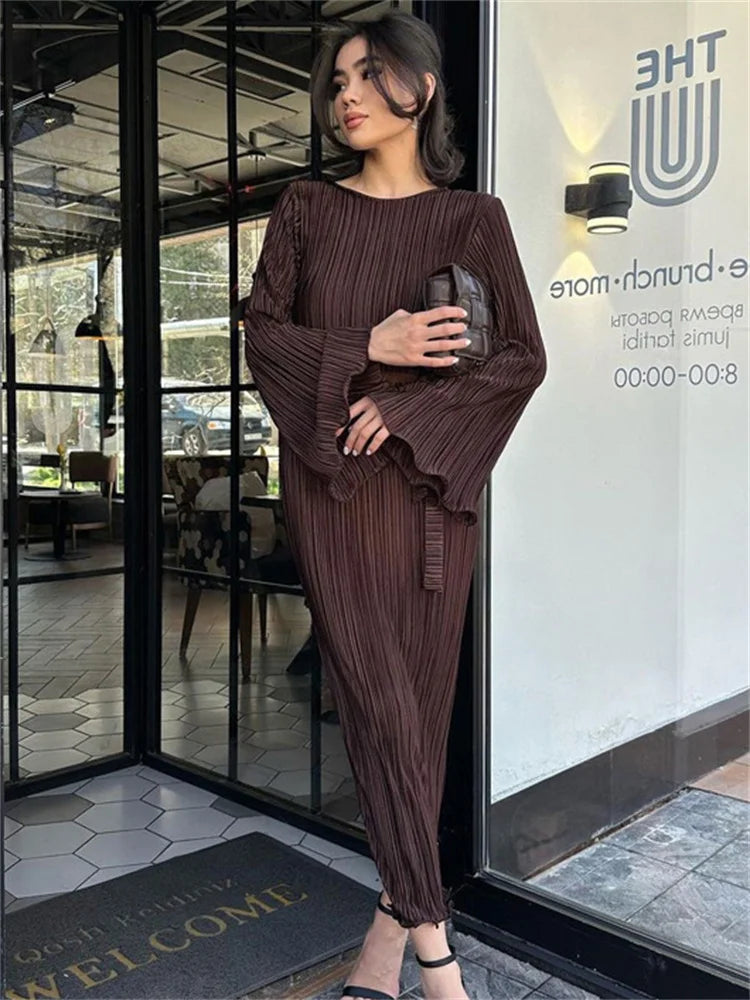 Ruffled Lace-up Long Dress Slim Long Sleeve Striped Pleated Party Dress Autumn Gown Female Dress
