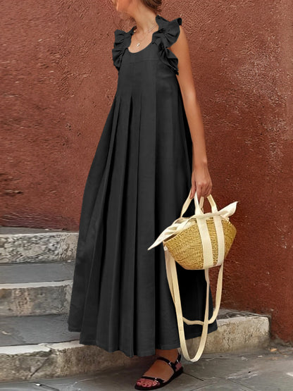 A-line Loose Pleated Ruffle Trim Split-joint Square-neck Maxi Dresses