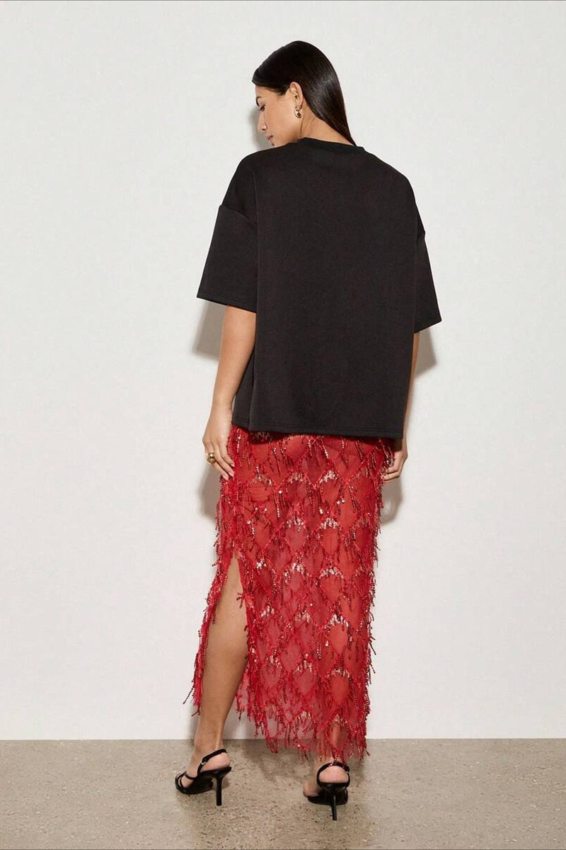 Sequin Fringe Slit Midi Party Skirt
