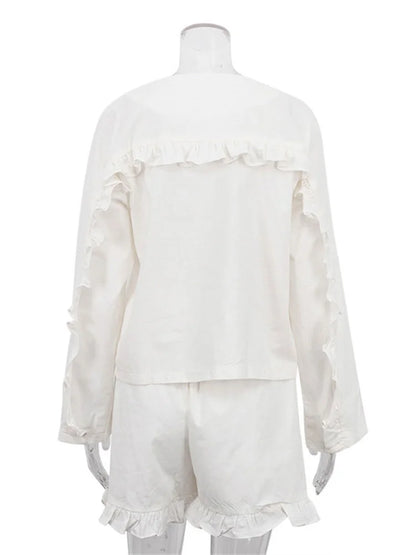 Ruffled Outfits for High Waist Long Sleeve Shorts Two Piece Knee Length Baggy Female Nightwear Outfits
