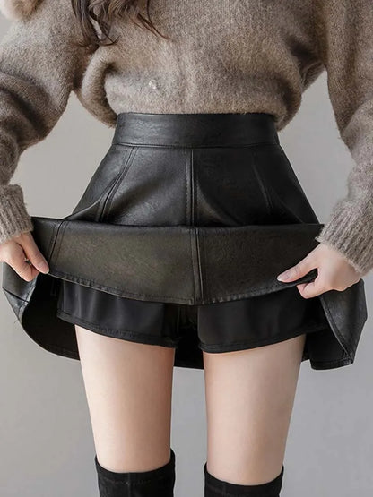 Pu Pleated Skirt Autumn Color Leather Winter Skirts Slim High Waist Saia Faldas Zipper Mini Skirt