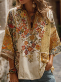 Bohemian Style Golden Patchwork Palace Retro Floral V-neck Short-sleeved Shirt elevenforest