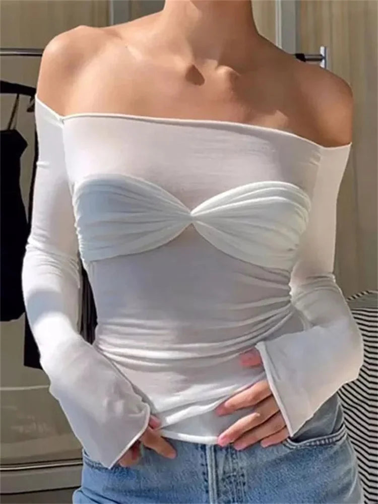 Short Sleeve Mesh Top Shirt for Off-shoulder See-through Knit Pullover Summer Sheer New T-shirt