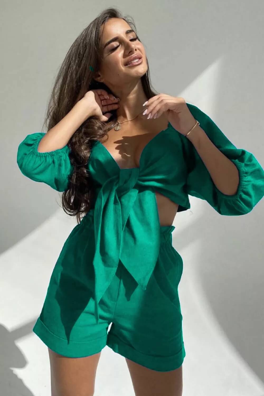 Linen Wrap Front Tie Puff Sleeve Shorts Sets in Green
