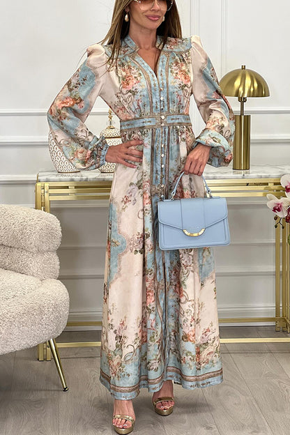 Fresh Pickings Print Balloon Sleeve Button Up Maxi Dress