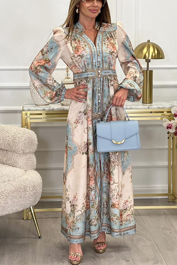 Fresh Pickings Print Balloon Sleeve Button Up Maxi Dress