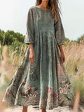 Women's Vintage Ethnic Floral Print Flowy Cotton Crew Neck Dress