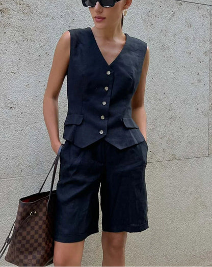 White Cotton V-neck Knee Shorts Office Two Piece Set
