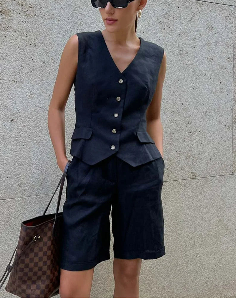 White Cotton V-neck Knee Shorts Office Two Piece Set