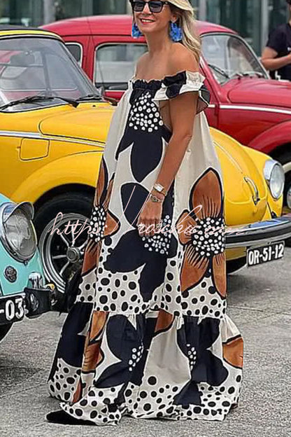 Bloom Season Linen Blend Printed Off Shoulder Pocketed A-line Maxi Dress