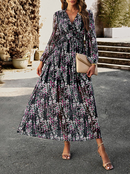 A-line High Waisted Flower Print Ruffled Split-joint Deep V-neck Maxi Dresses