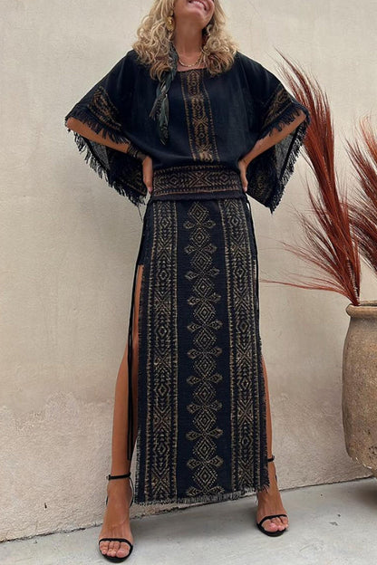 Alana Linen Blend Print Patchwork Side Lace-up Maxi Skirt