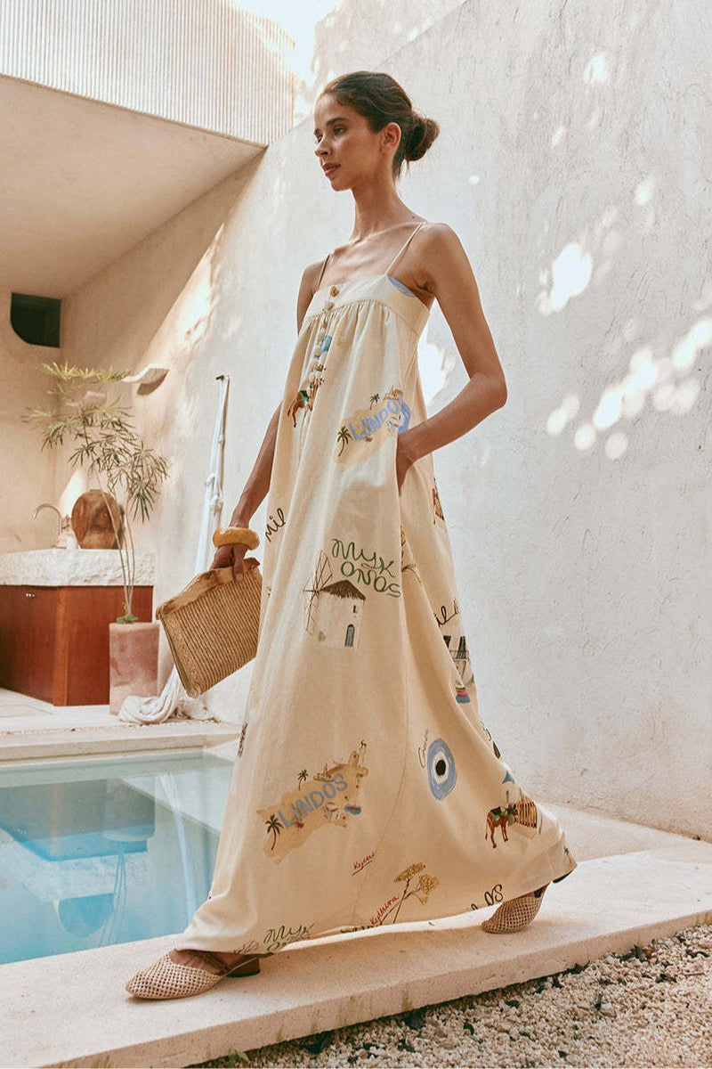 Spaghetti Strap Linen Vacation Maxi Dress