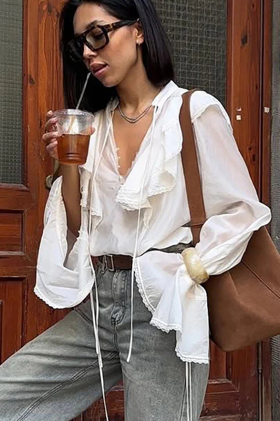 V-neck Tie Lace Trim Blouse