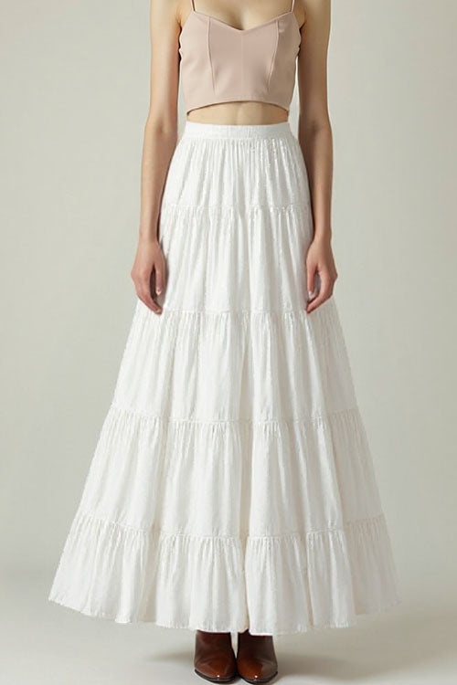 Moxidress Smocked Elastic Waist Ruffle Tiered Maxi Skirt