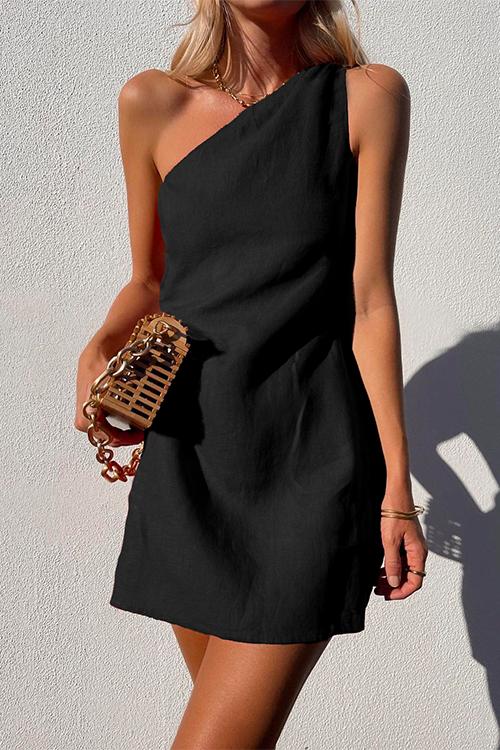 Moxidress One Shoulder Cotton Linen Mini Dress