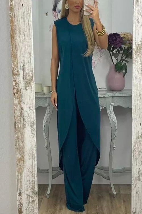 Tulip Hem Sleeveless Long Top Wide Leg Pants Set