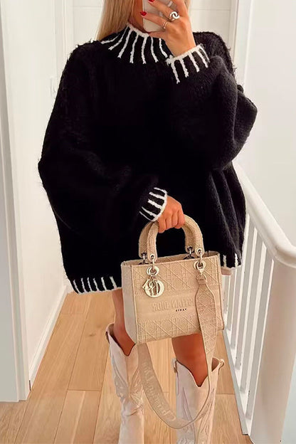 Turtleneck Drop Shoulder Color Block Pullover Sweater