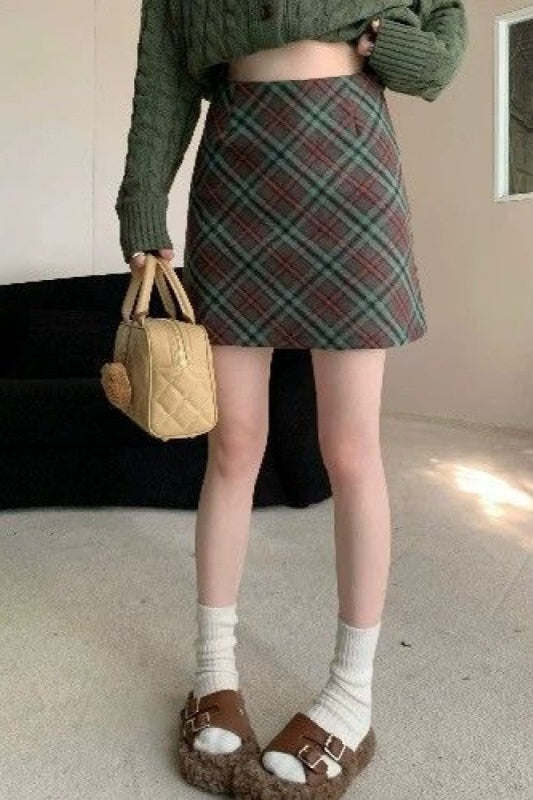 Tweed Plaid High Waist Fitted Short Skirt