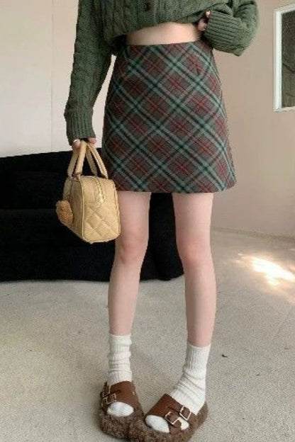 Tweed Plaid High Waist Fitted Short Skirt