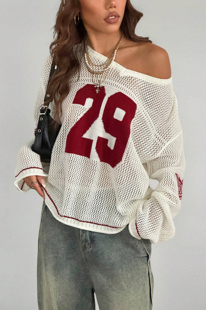 V-neck Long Sleeve Digital Print Knit Sweater