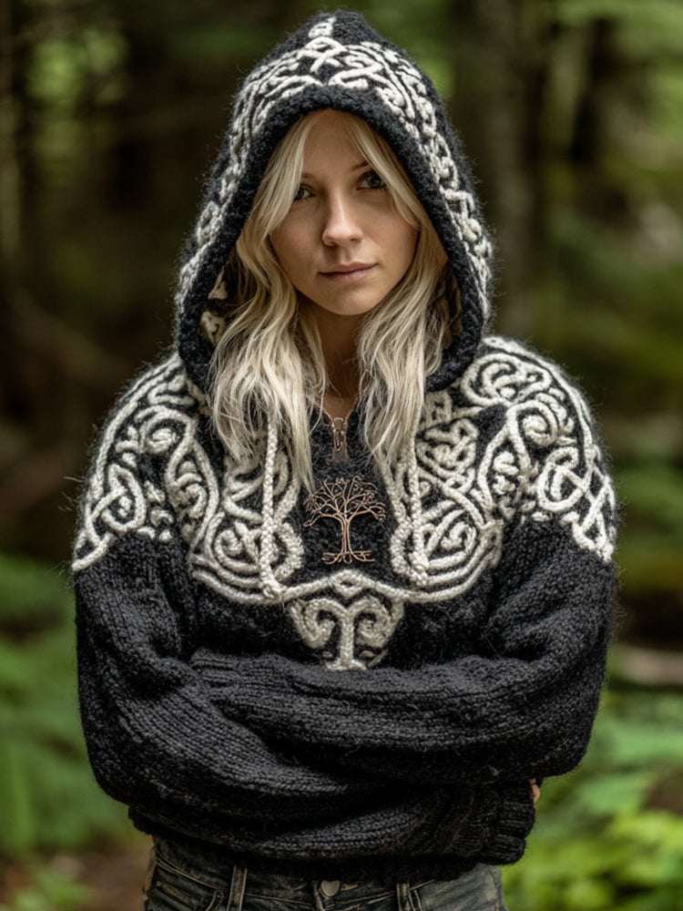 Comstylish Women's Viking Style Tree Of Life Black And White Casual Hooded Sweater