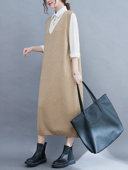 Color Knitting V-neck Sleeveless Sweater Dress