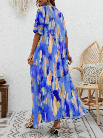 Loose Short Sleeves Contrast Color High-waisted Printed V-neck Maxi Dresses